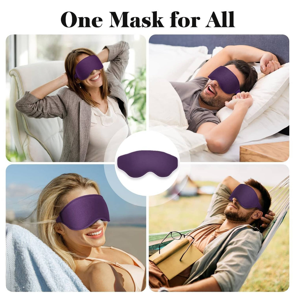 Purple sleep eye mask shown on people for travel and rest