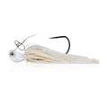White bladed jig with metal blade, black hook, and clear-white skirt strands