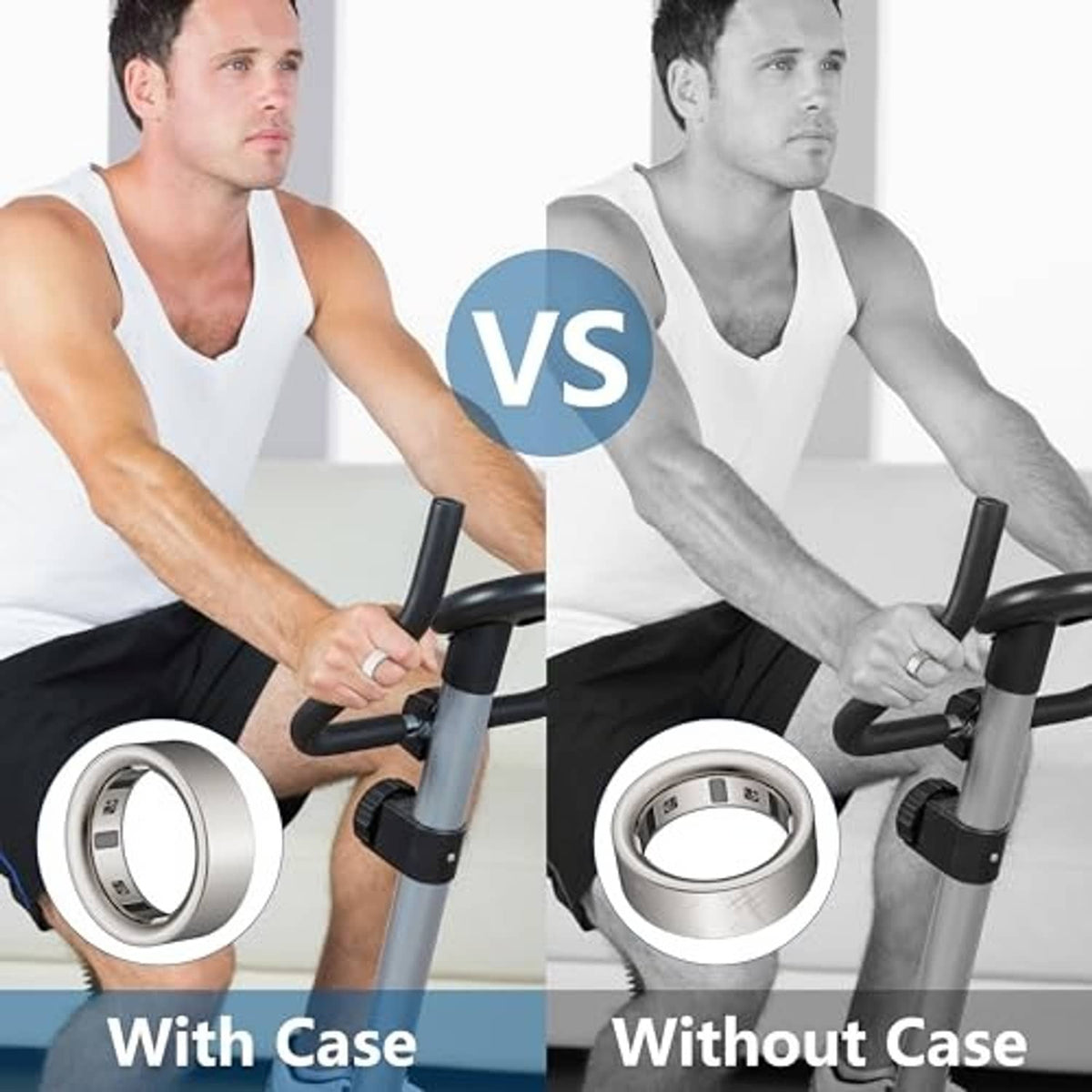 Silicone Oura ring protector case shown with and without case during activity