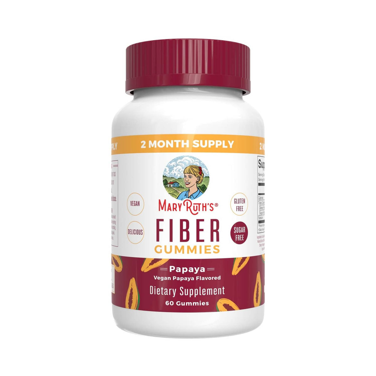 MARYRUTH'S Fiber Gummies bottle with maroon cap, white label, papaya flavor, 60 gummies