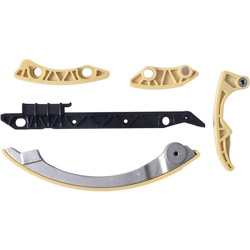 Timing chain guide and tensioner rail set with metal and plastic guide pieces