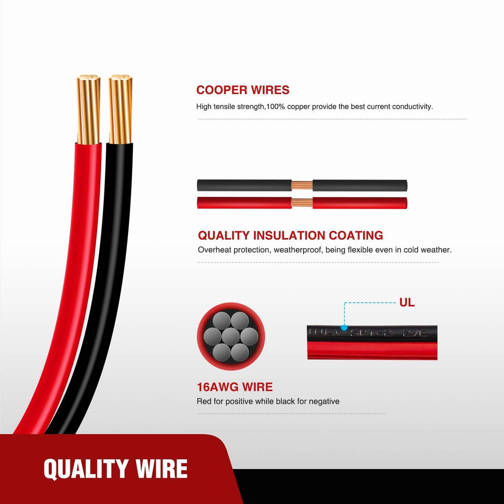 Red 16AWG SAE extension cable with copper wire strands and red/black insulation