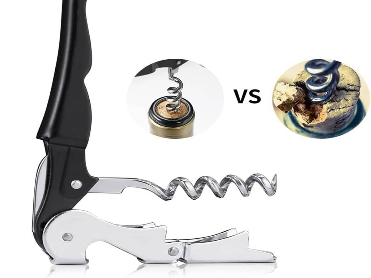 Black wine corkscrew with chrome frame and spiral worm, compact lever design