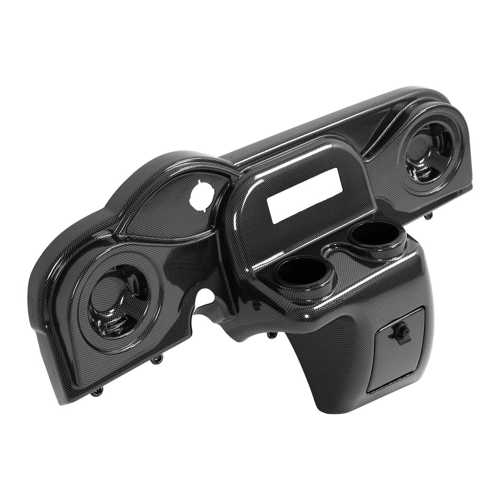 Carbon-fiber style dash cover with speaker grilles and cutouts, glossy black finish