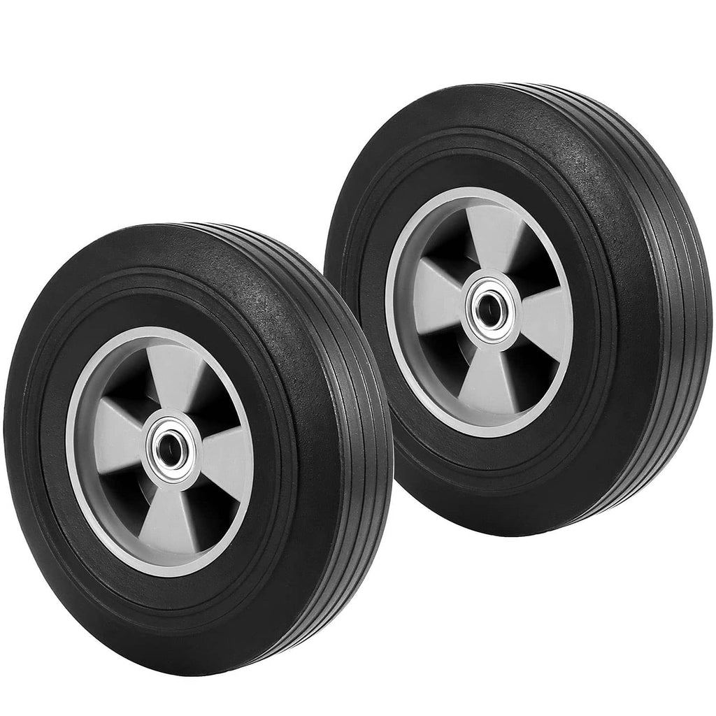 Pair of 10-inch solid rubber hand truck wheels, black rims with gray hubs