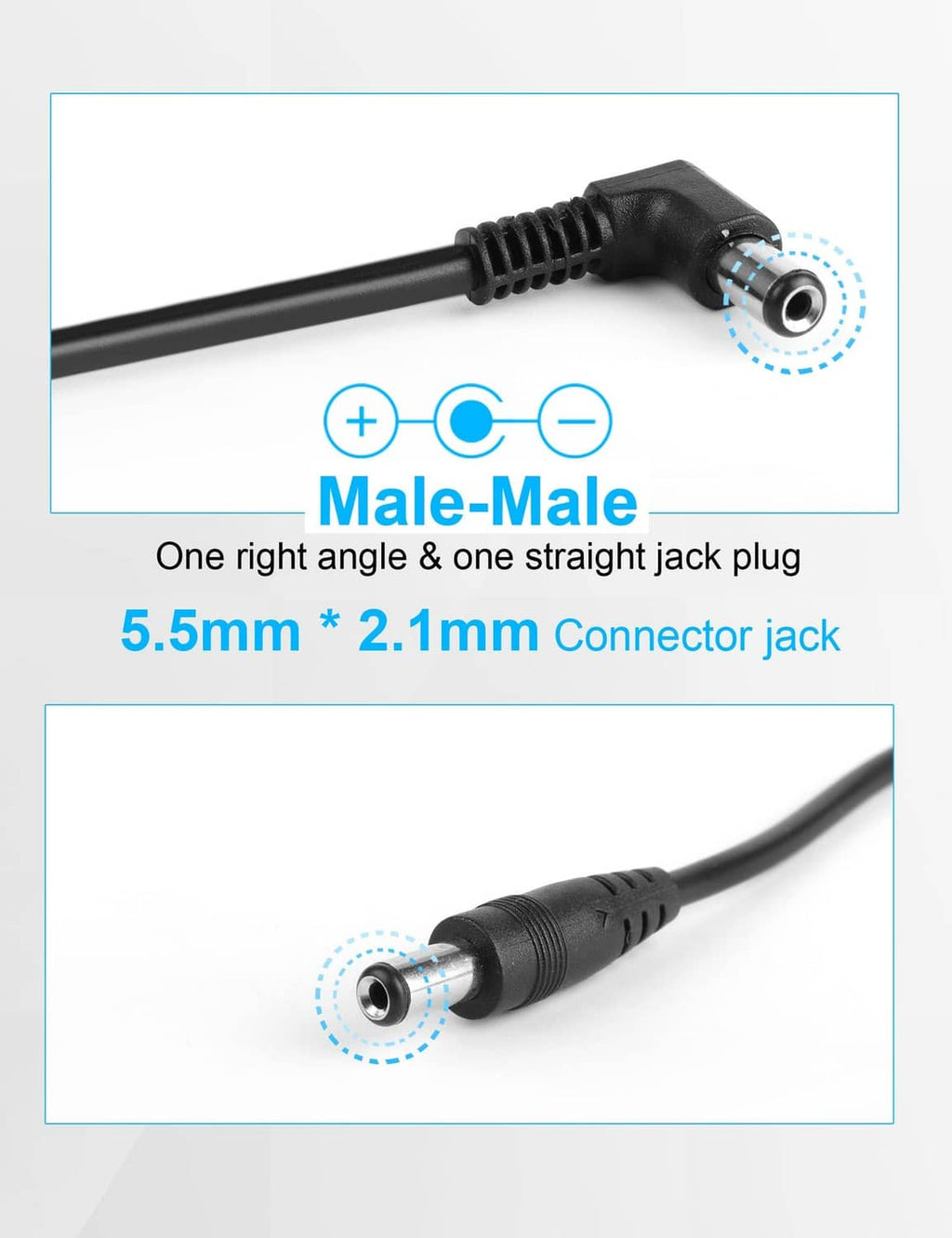 DC power cable with right-angle male barrel plug and straight male jack plug