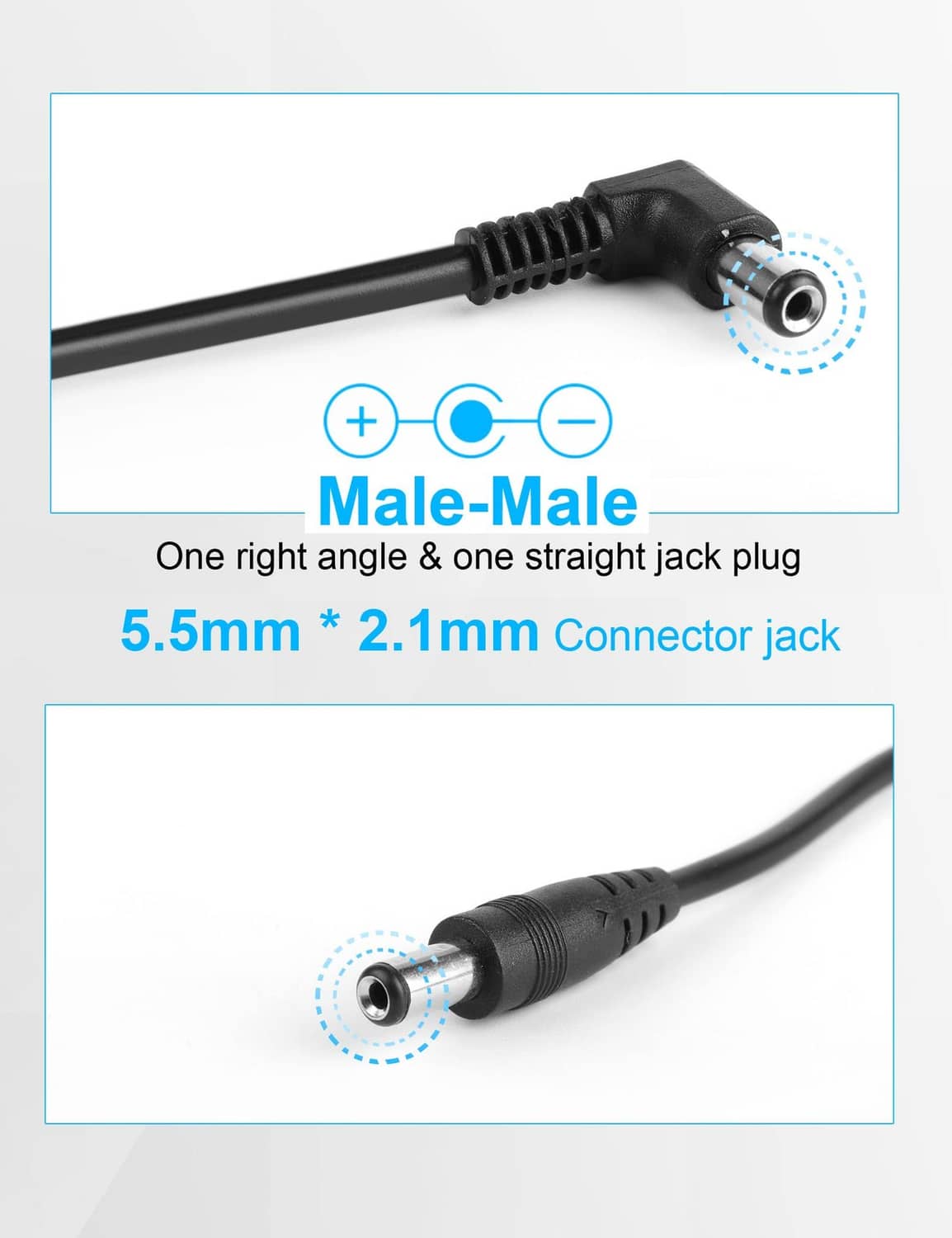 DC power cable with right-angle male barrel plug and straight male jack plug