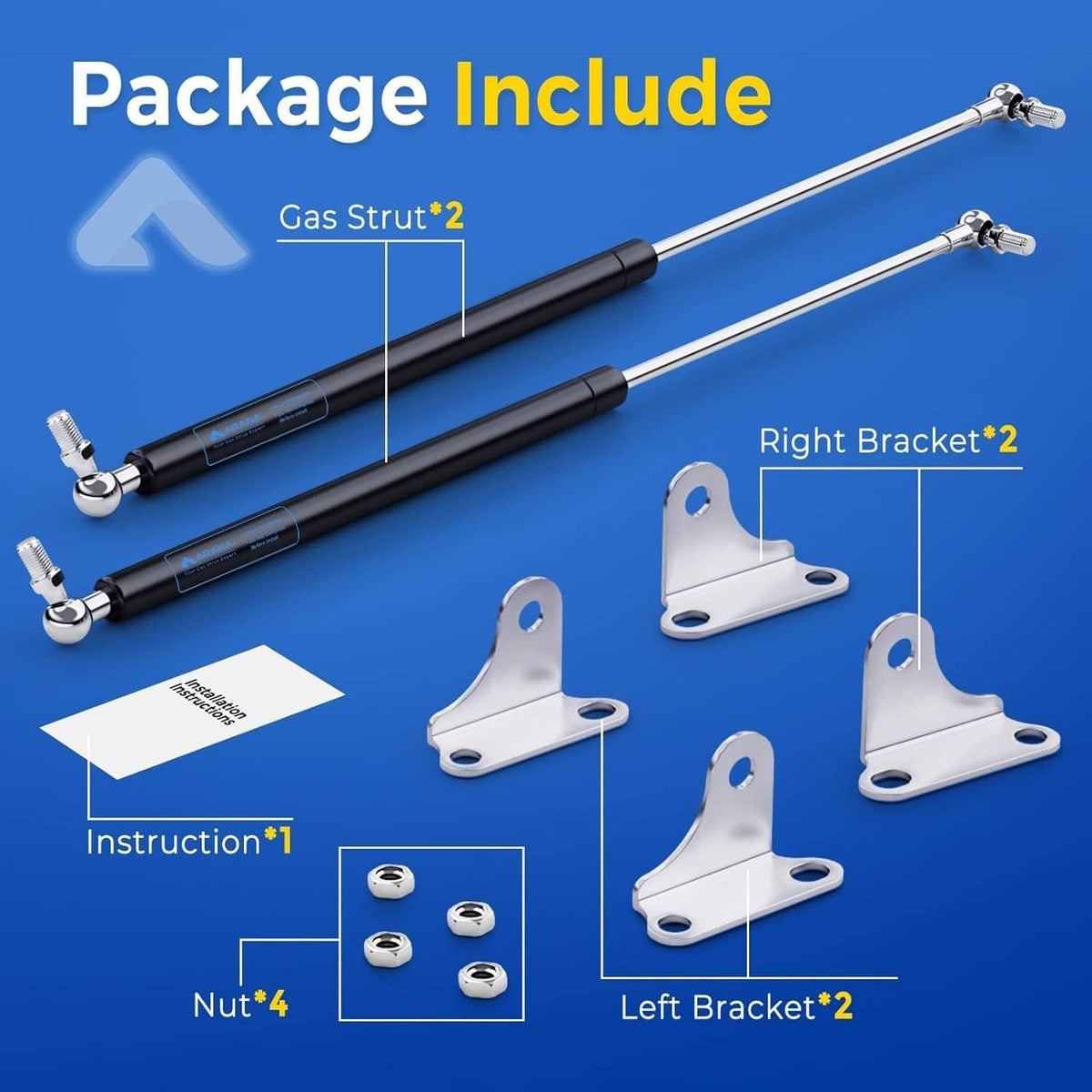 Gas spring lift struts kit with black cylinders, chrome rods, and mounting brackets