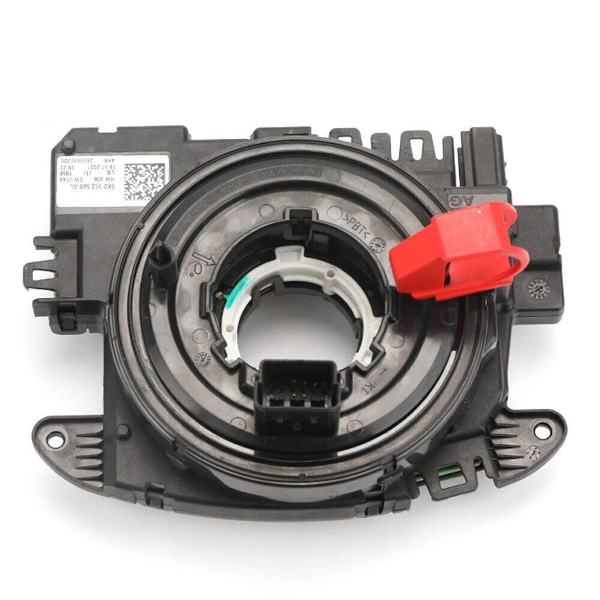 Black clock spring module with circular wiring coil and red key-lock connector