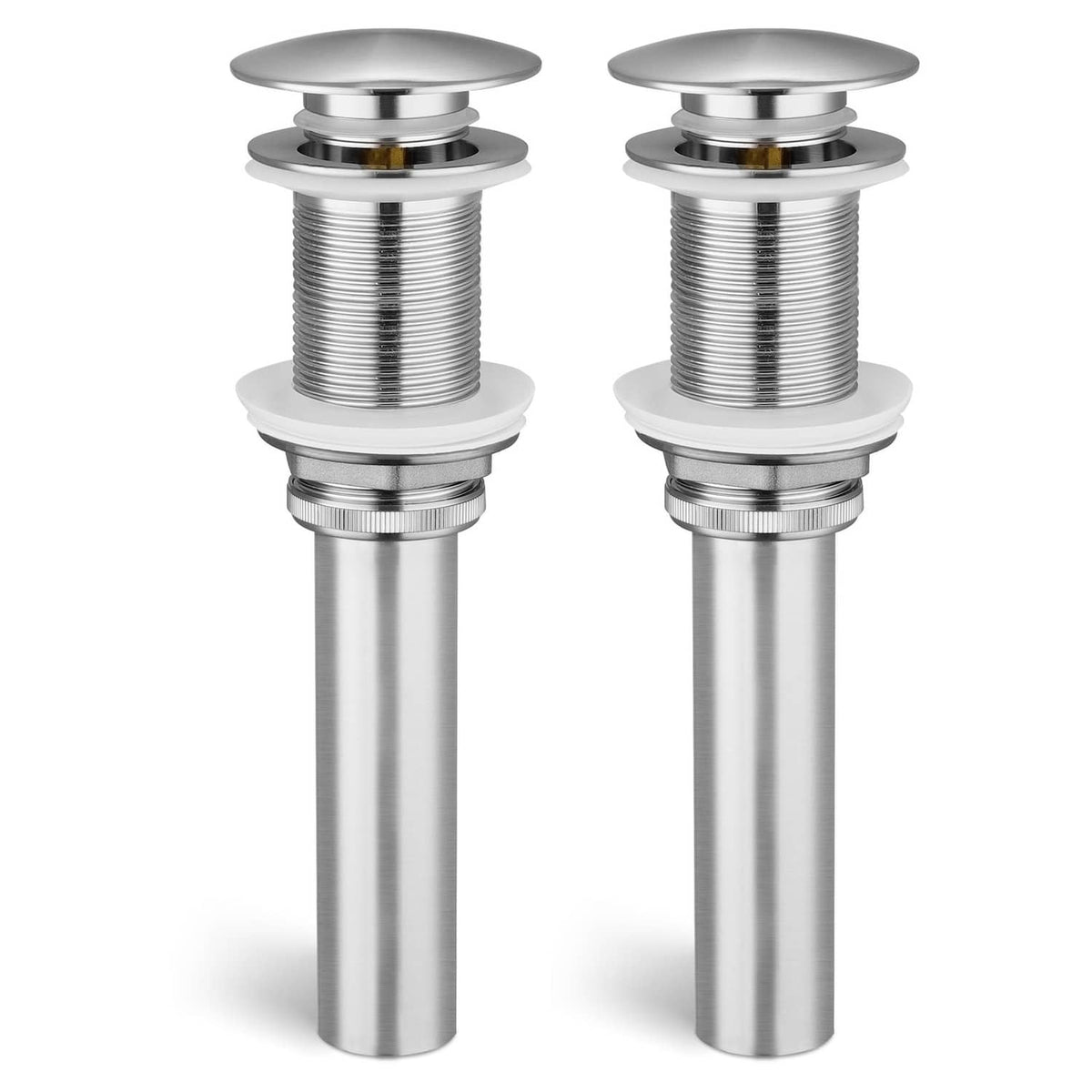 Pop-up bathroom sink drain, brushed nickel finish, no overflow, threaded body