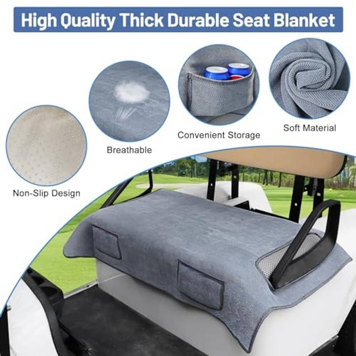 Gray thick golf cart seat blanket cover with two storage pockets and non-slip design
