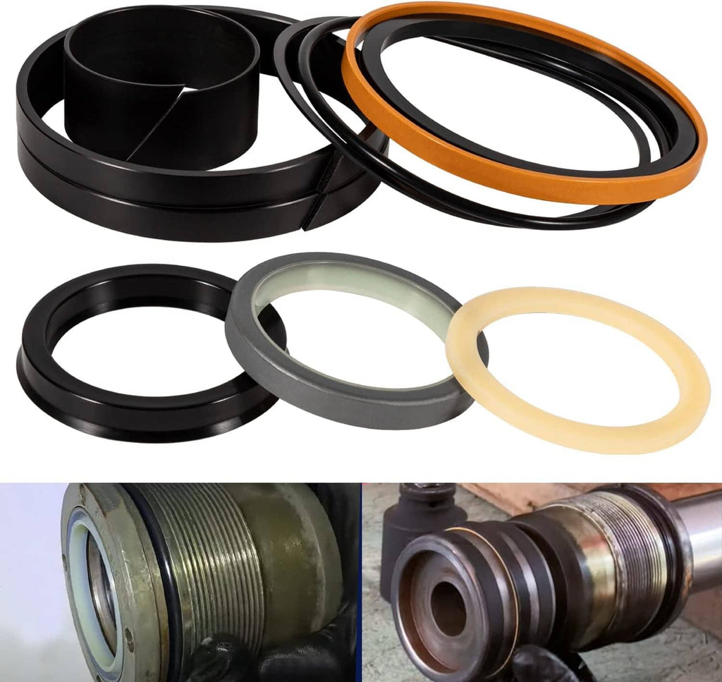 Hydraulic cylinder seal kit with black, orange, gray and cream O-ring seals