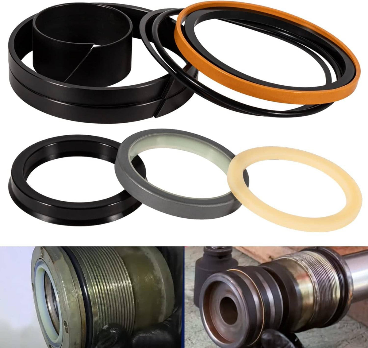 Hydraulic cylinder seal kit with black, orange, gray and cream O-ring seals