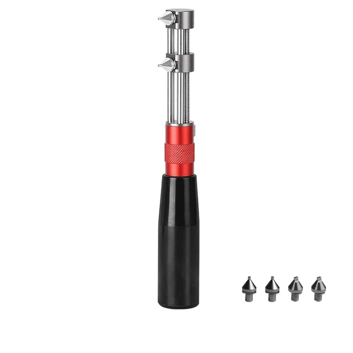Adjustable watch case back opener with steel jaws, red textured grip, includes extra tips