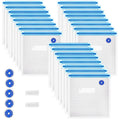 Reusable vacuum sealer bags set with blue zip seals and round valve circles, clear mesh
