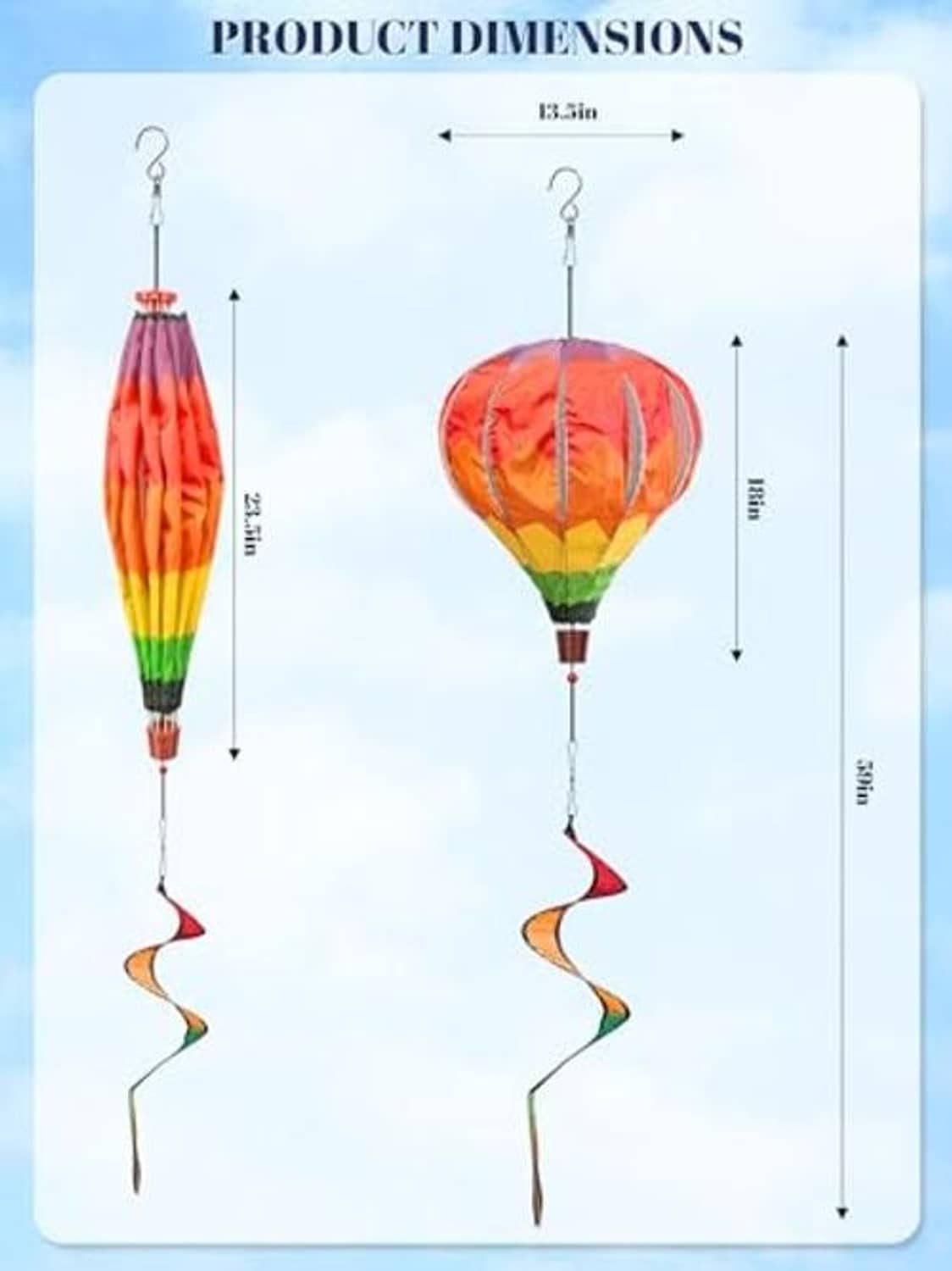 Rainbow hot air balloon wind spinner pair shown with hanging length diagram and hooks