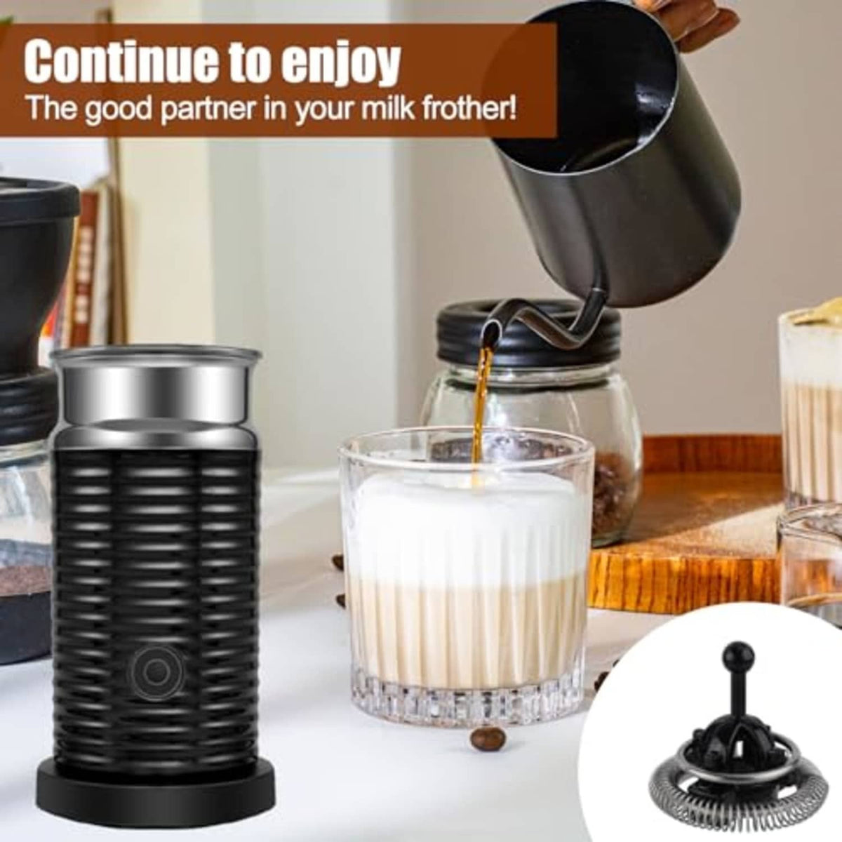 Black milk frother replacement whisk spring unit beside frothing device