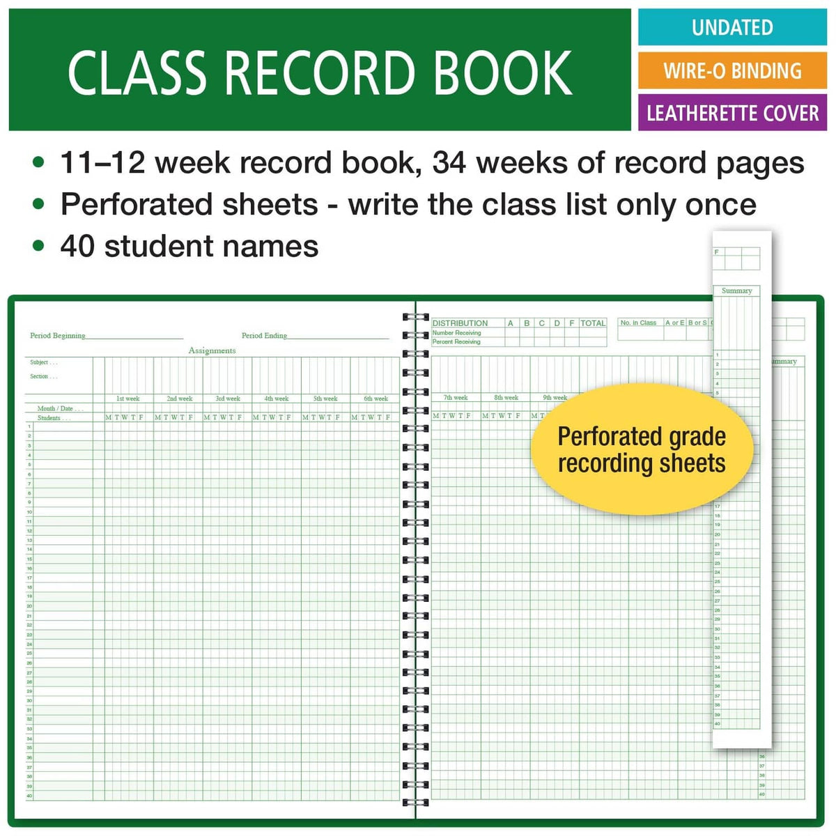 Class record book layout pages with perforated grade recording sheets