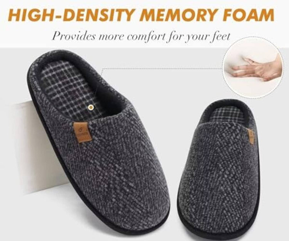 Dark heather knit memory foam slippers with plaid lining and black scuff toe
