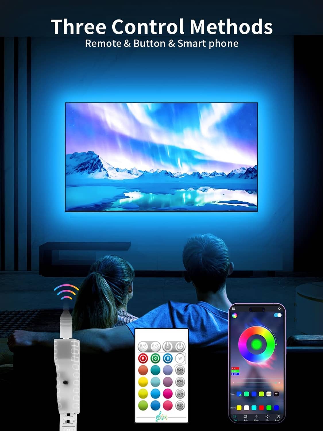 LED TV backlight lighting with multicolor controller, remote, and smartphone app