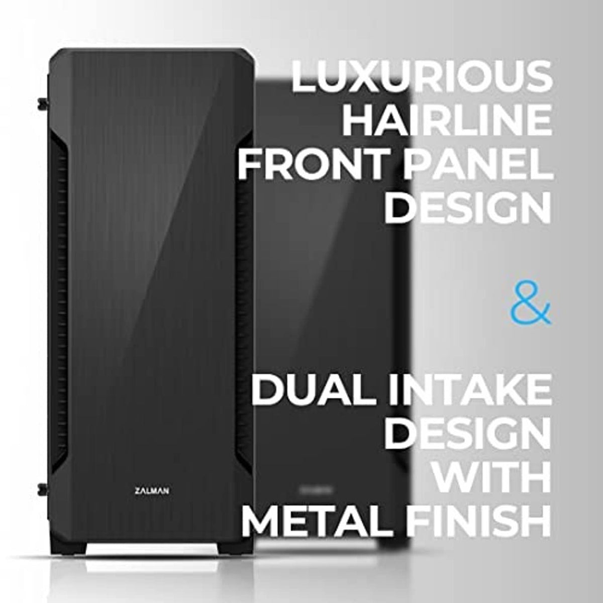 Black computer case with textured front hairline panel design and dual intake