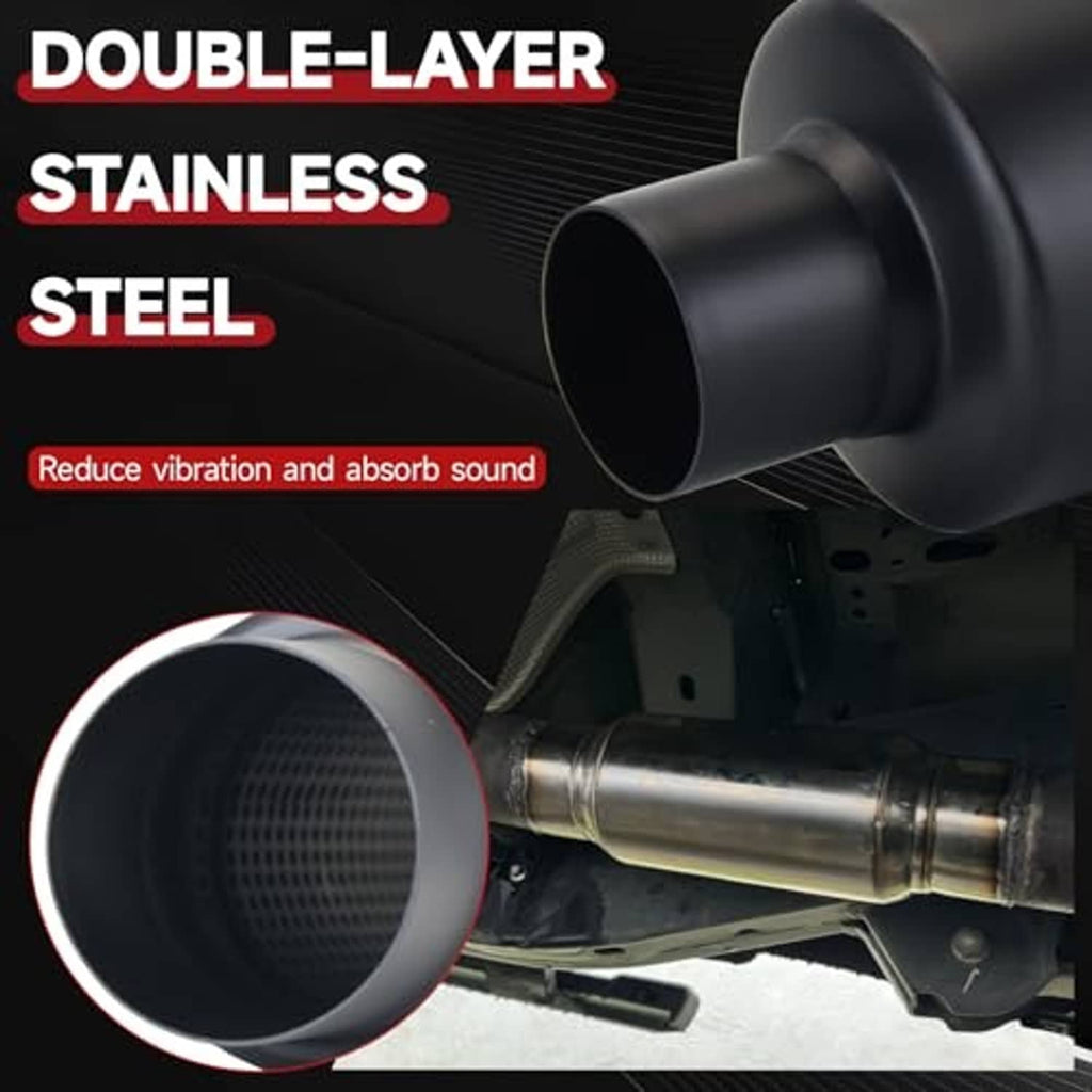 Black muffler end with 2" inlet/outlet opening on short cylindrical housing
