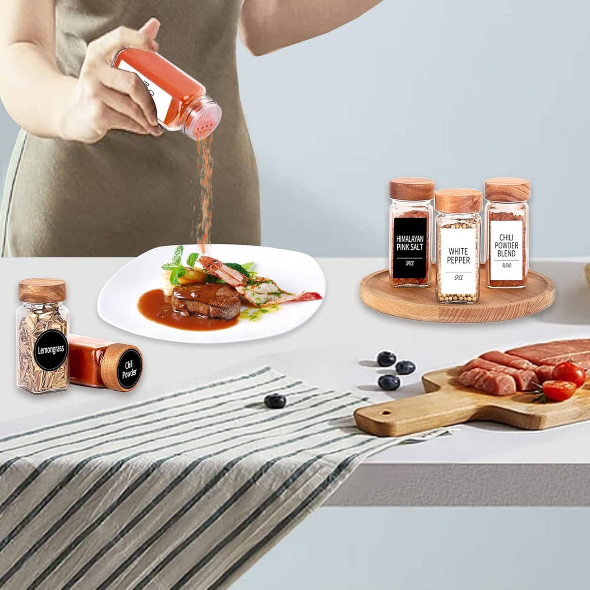 Square glass spice jars with wood lids and label cards, plus shaker lid