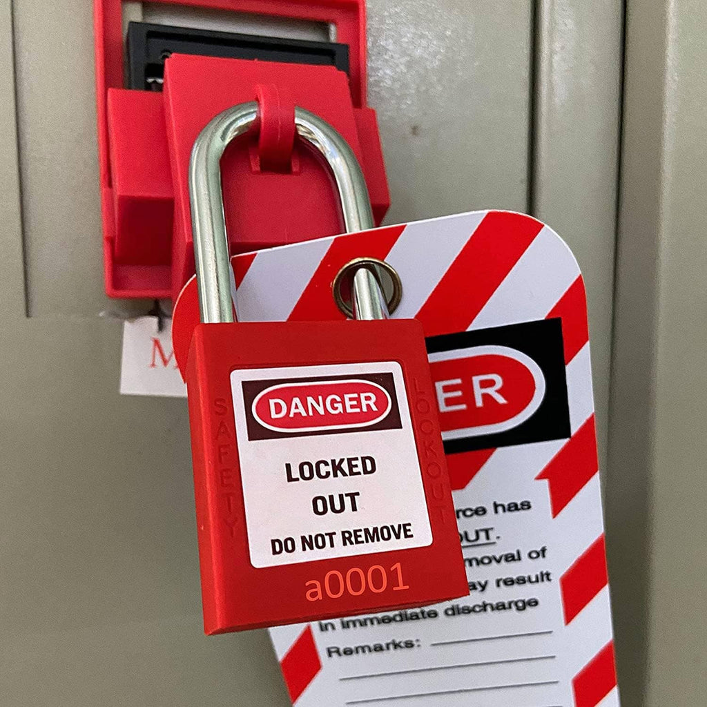 Red lockout padlock attached to a device with Danger Locked Out label and warning stripes
