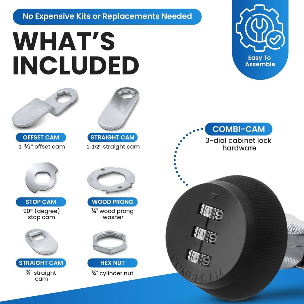Cam lock set with multiple cam pieces and black 3-dial combination lock body