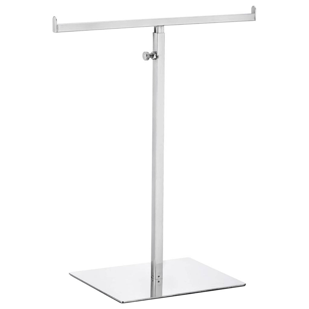 T-shaped metal purse display stand with adjustable upright pole and flat base, silver