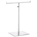 T-shaped metal purse display stand with adjustable upright pole and flat base, silver