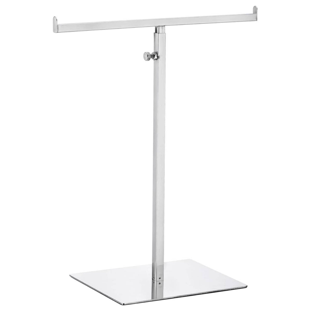 T-shaped metal purse display stand with adjustable upright pole and flat base, silver