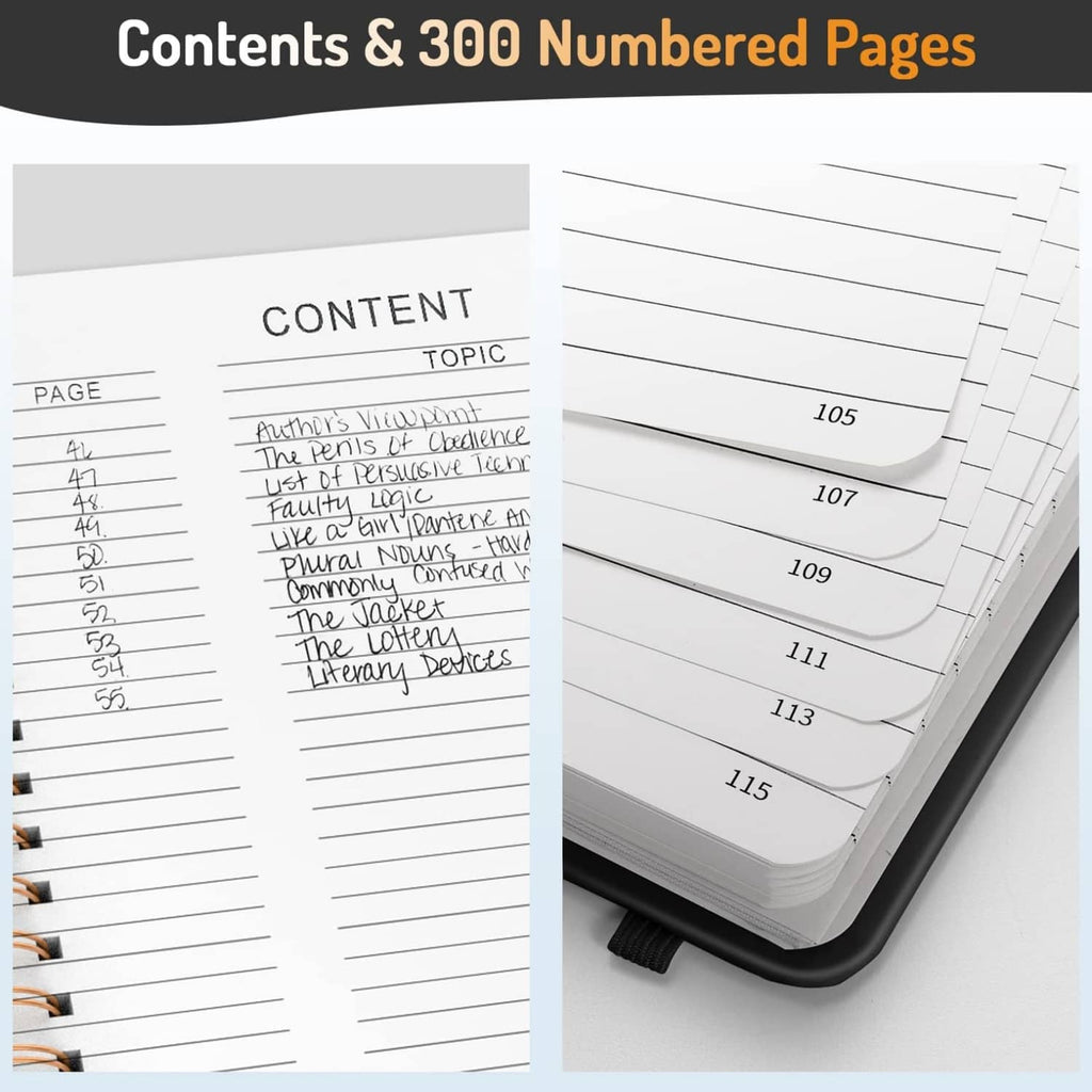 Open lined notebook pages with page numbers and metal spiral binding