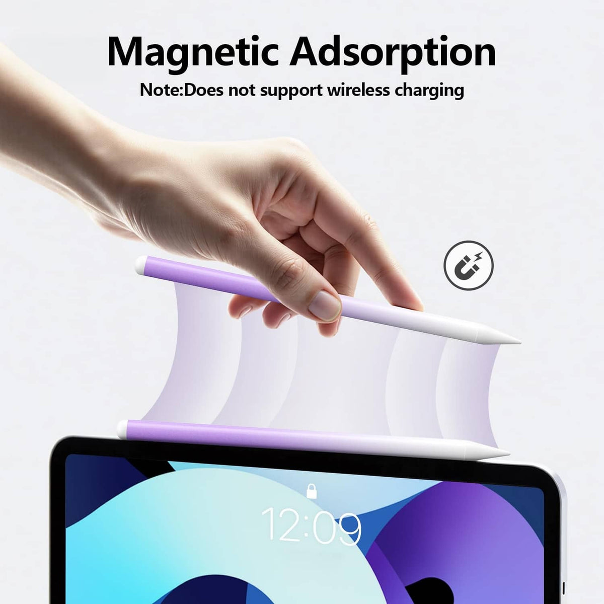 Purple and white stylus pen held above a tablet screen
