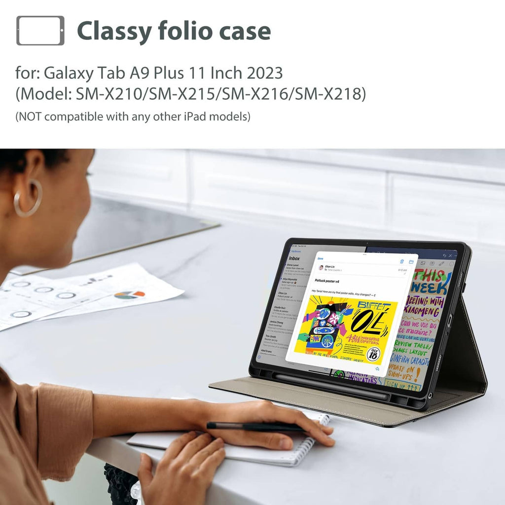 Black folio tablet case in stand position for typing and writing