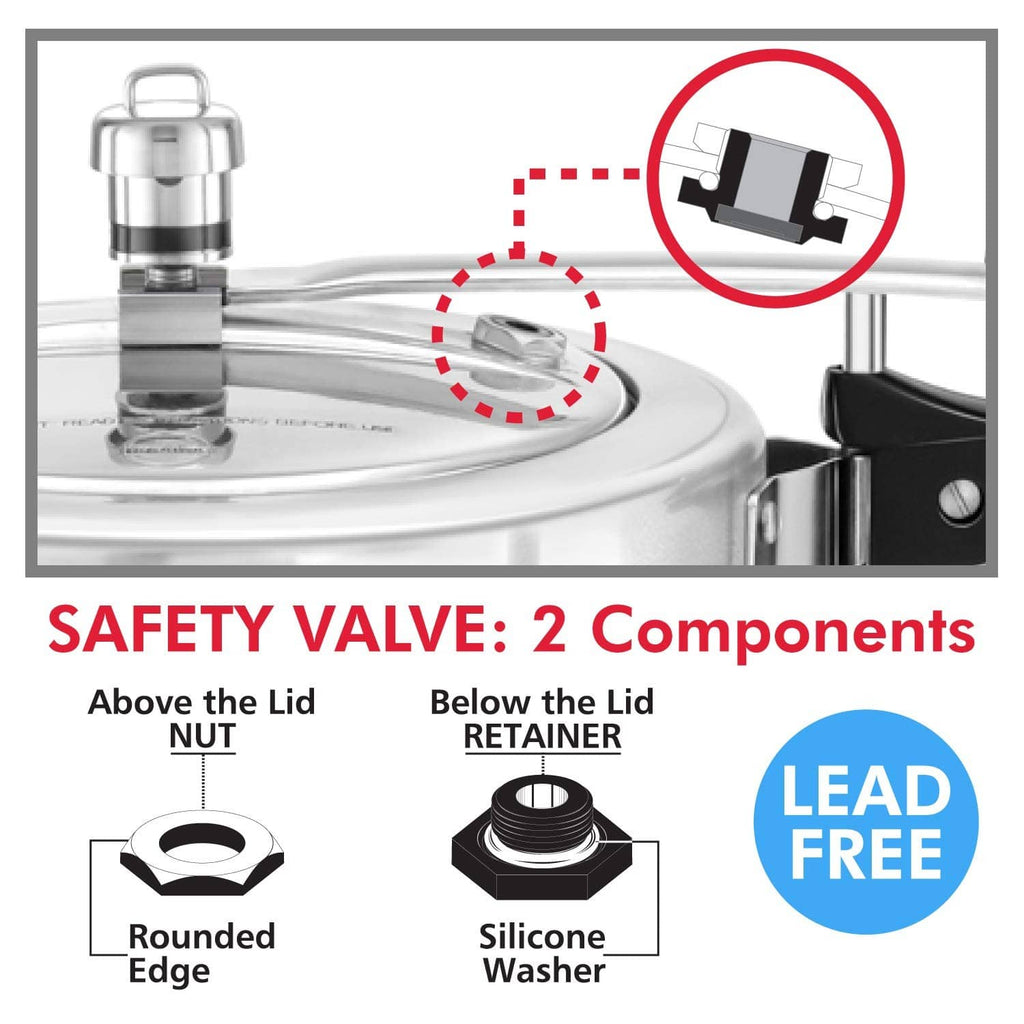 Pressure cooker safety valve assembly diagram with above- and below-lid components
