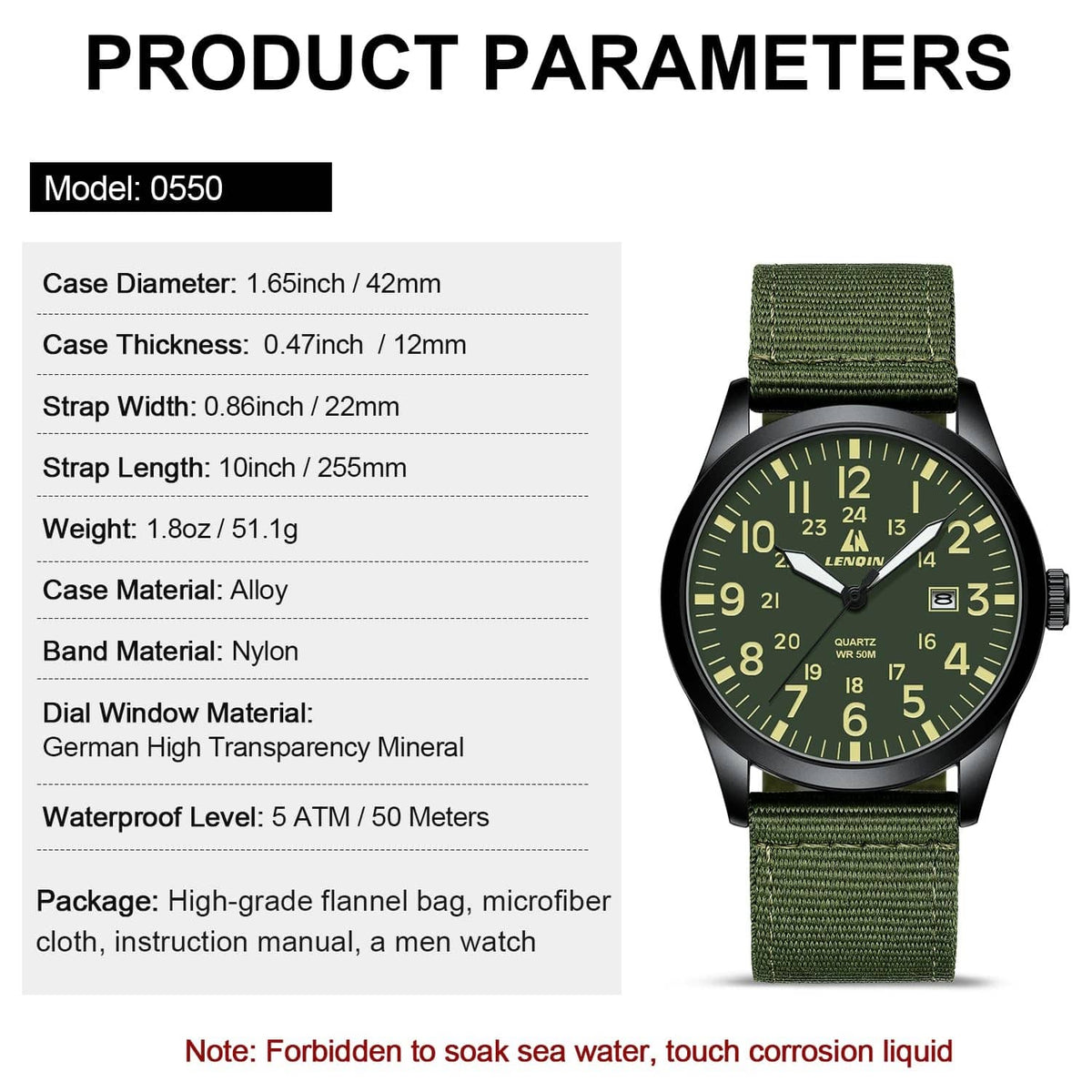 LN LENQIN men's watch product parameters graphic with green nylon strap and black dial