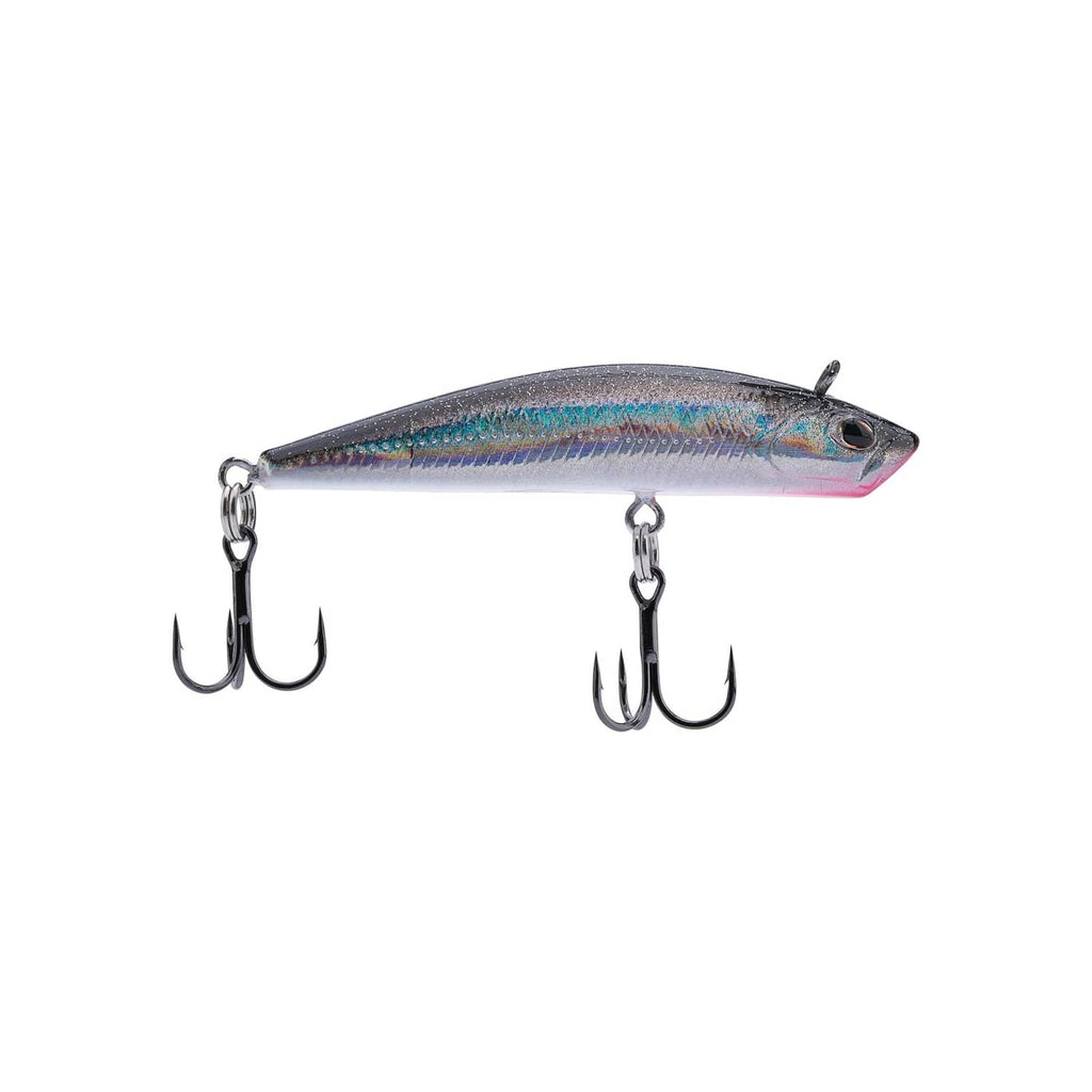 Silver fishing minnow lure with two black treble hooks and metal eyelets