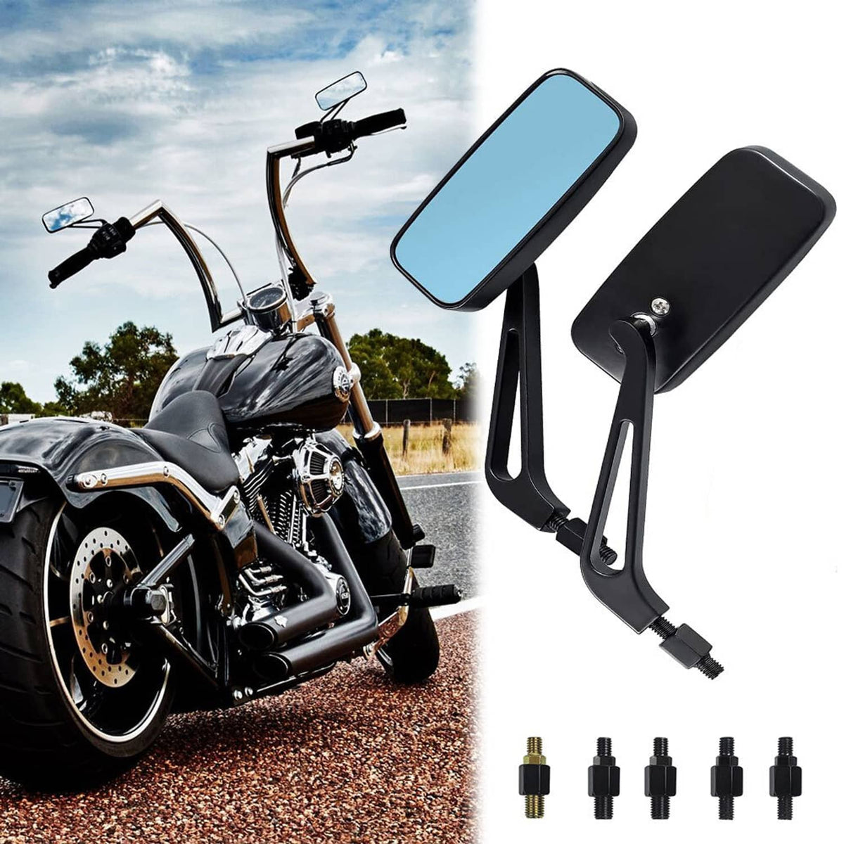 Pair of rectangular motorcycle rearview mirrors with blue lenses, black brackets, adapters