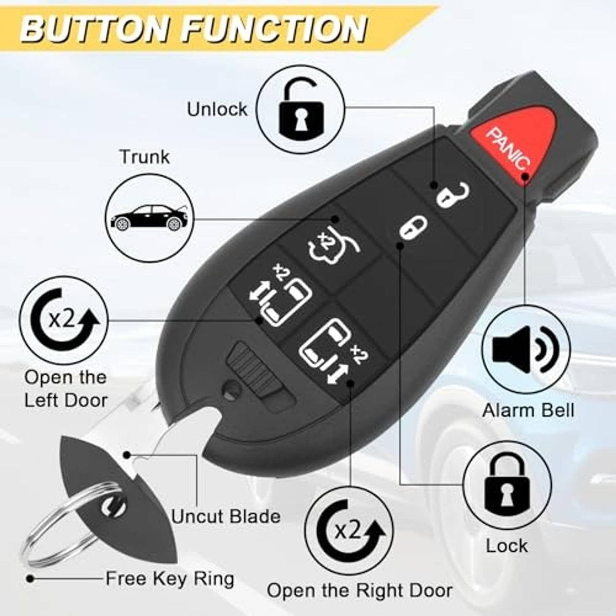 Black key fob remote with button function diagram and uncut key blade