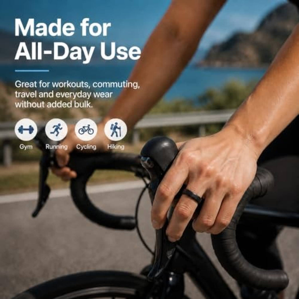 Black silicone smart ring protector on a hand gripping a bicycle handlebar