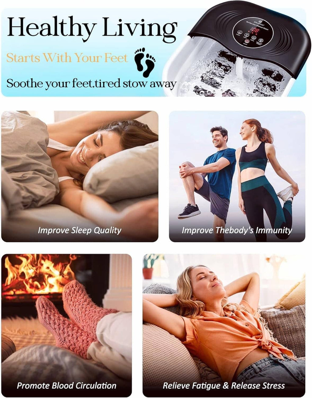 Heated foot spa with bubble water and glowing red light on the control panel