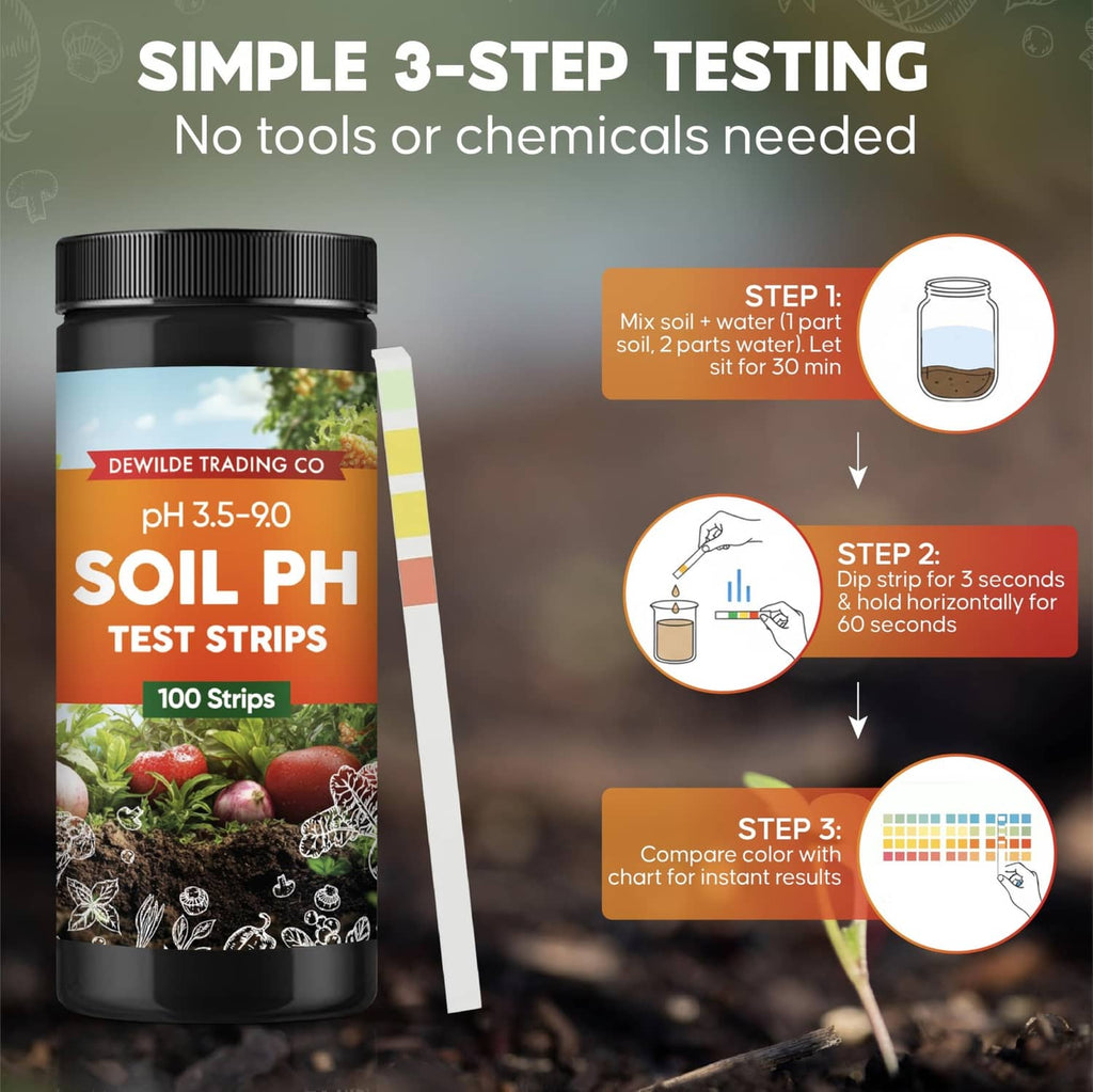 Soil pH test strips bottle with step-by-step testing guide and test strip