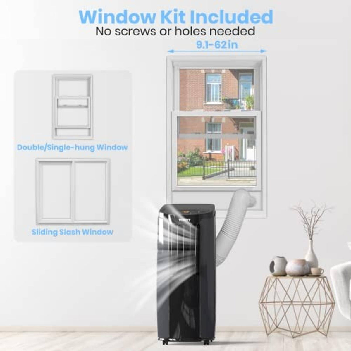 Portable air conditioner with attached window exhaust hose and window kit components