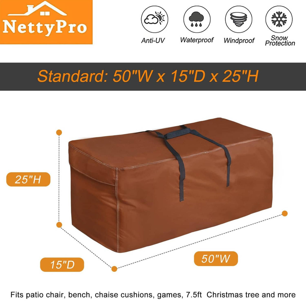 Brown outdoor cushion storage bag with dual zipper and top carry straps