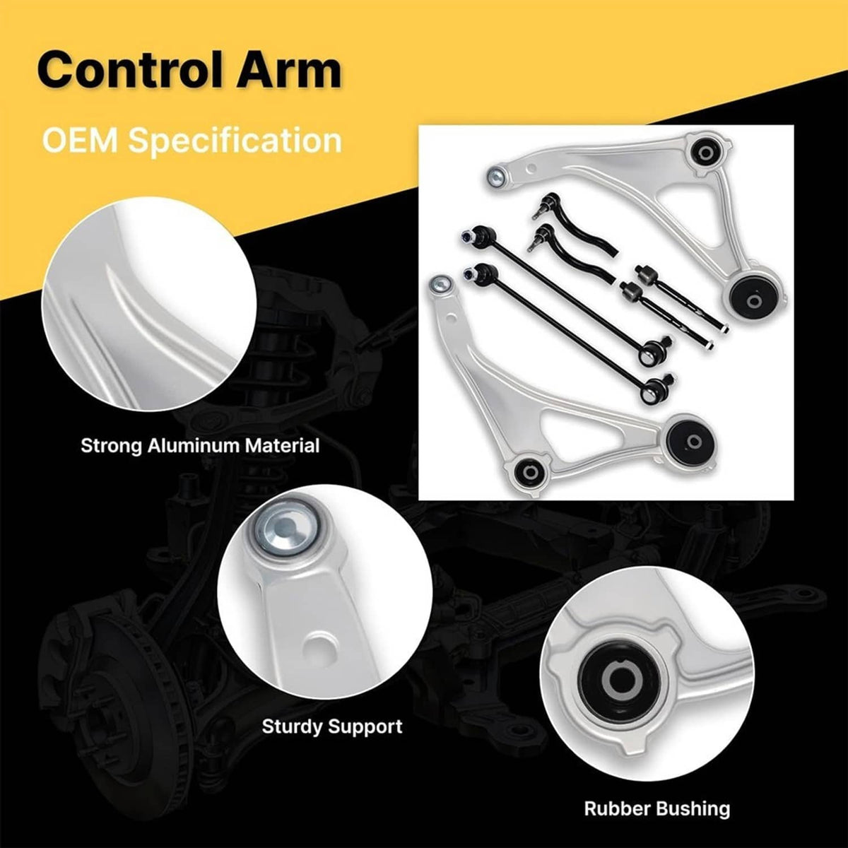 White control arm with black rubber bushing and ball joint, detail view
