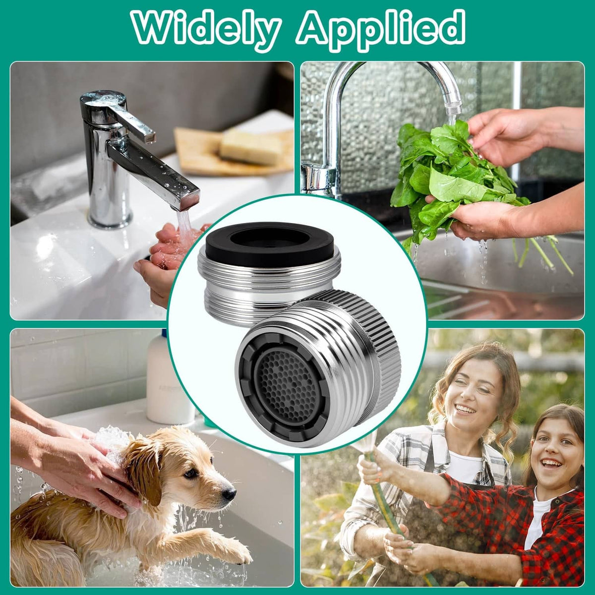 Silver faucet aerator adapter with cylindrical body and black mesh aerator outlet