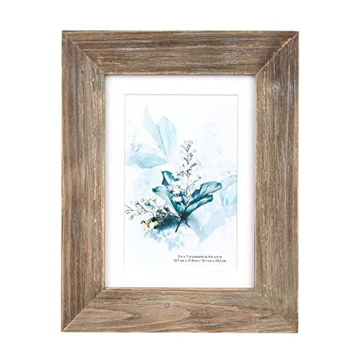 Brown solid wood 5x7 picture frame front view with visible framed artwork