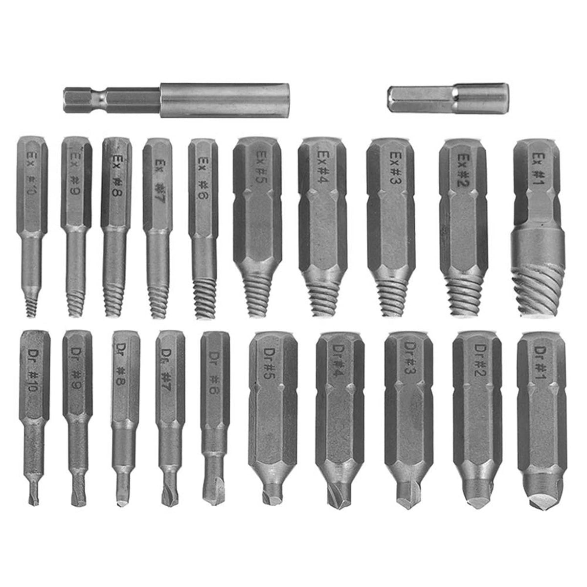 Set of metal mini screw extractor bits with shanks, arranged in rows