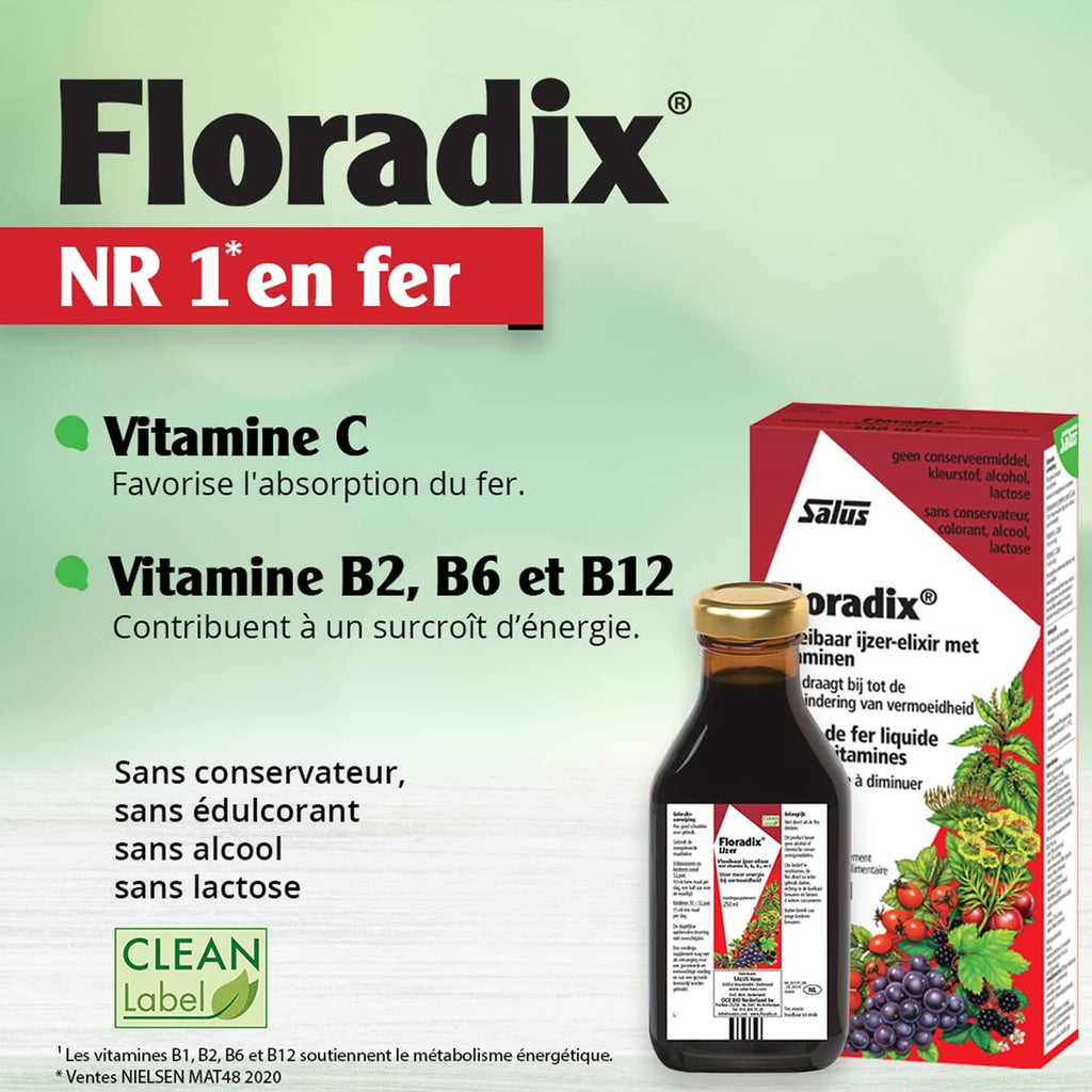 Liquid iron and vitamin supplement bottle with red and black label, 250 ml